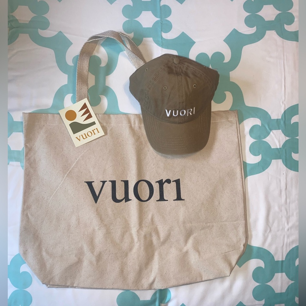 Vuori Olive/Tan Baseball Cap NWT and Rise & Shine canvas tote with black print.